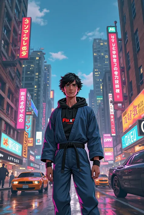 GTA animation style, man, 24 years old, black hair, Wearing a hoodie a Jiu Jitsu kimono written FLU X0, Cenario cidade caotico, 