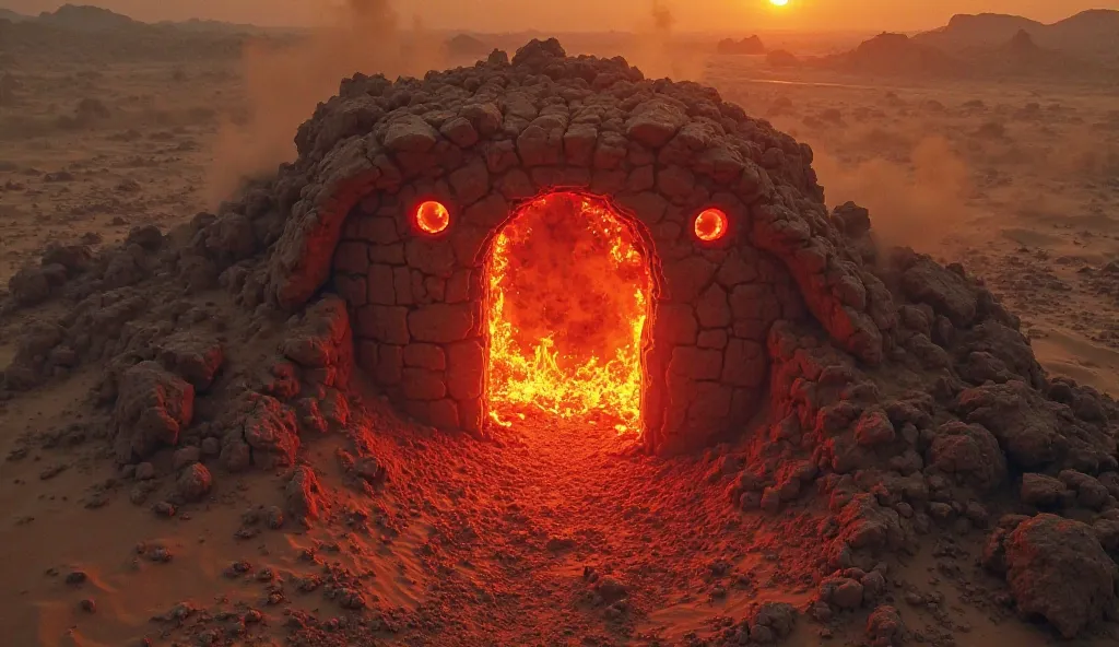 The door to hell in a desert on Earth, a red fire pit with two terrifying red eyes in the middle, and a terrifying fire and burning coals surrounding the pit. The scene can be seen from above, as if taken from a drone camera.