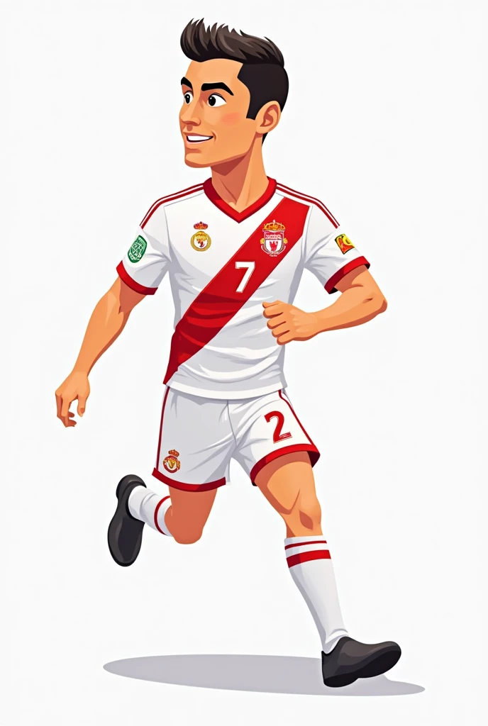 Cristiano Ronaldo: „Cartoon-style illustration of a male soccer player, resembling Cristiano Ronaldo, in a dynamic pose, wearing a colorful sports outfit (white , red), soccer jersey with number 7 no background, flat design, friendly for s, high resolution...