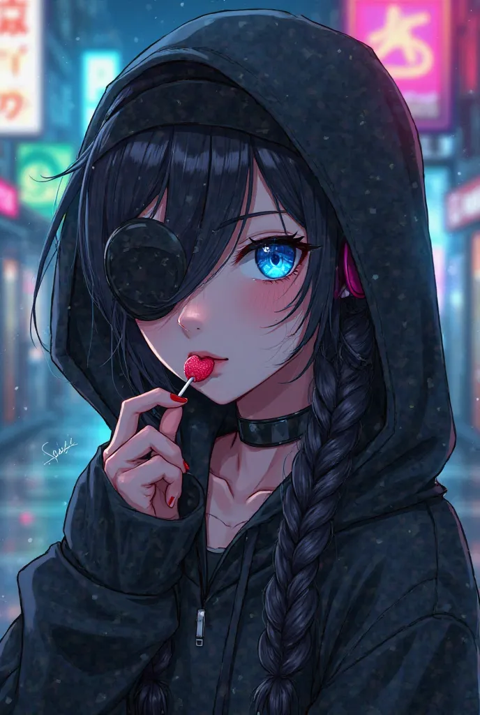 female bad girl, Hoodie sweater, using headset, cool,  Close-up shirt, futuristic city feel, gay anime, hair braid, Black hoodie,  blue eyes light up , I'm packing a lollipop, very cool and not smiling, left eye covered wearing blindfold