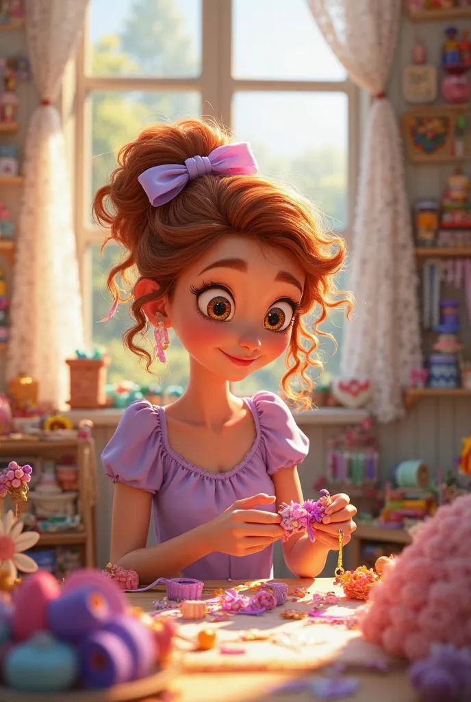 Make a Pixar-style character: she must have curly hair, a lilac dress, ties in her hair, and she will be an artisan in her ribbon studio