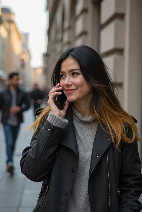 is a woman with black hair with yellow strands talking on the phone, smiling and walking in the street behind her. Her lover speaks on the phone and smiles .Her lover also speaks on the phone. She has light hair and light gray hair