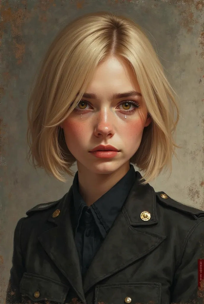 Animated oil painting of a 23-year-old European woman of remarkable beauty, she has straight short blond hair that falls around her face, her amber eyes reflect sadness, her pale skin results from her pain, she wears a black military suit, she has a tearfu...