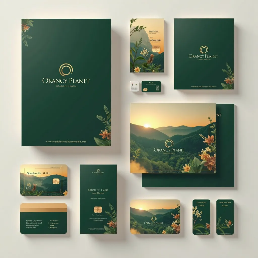 **"Create a set of high-end, professional branding materials for 'Orancy Planet,' a premium brand. The designs should be elegant, sophisticated, and cohesive, incorporating deep green and gold tones from the brand’s logo.

Deliverables include:

A LinkedIn...