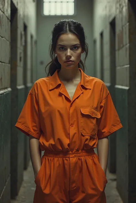 A woman inmate with an orange jumpsuit