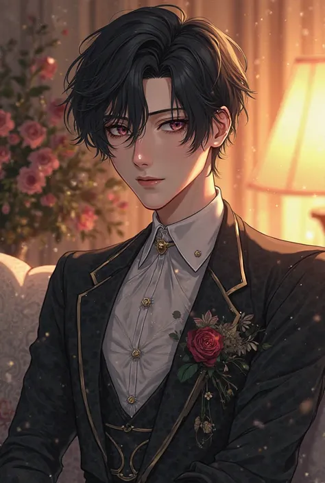 Anime style drawing of an 18 year old boy,  black hair, Very light complexion , Who wears elegant clothes in a living room of a house