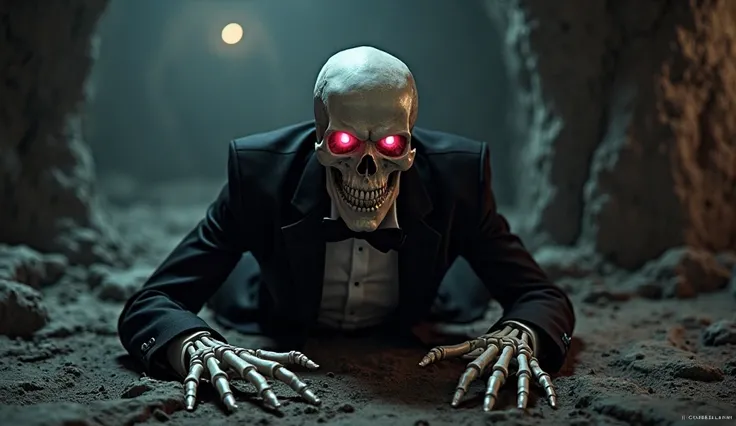 A strong skeleton in a tight tuxedo with glowing pink eyes lies on his stomach with arms outstretched in front of him in the tomb, arching your back.  Smiles predatory. top view. torchlight.
