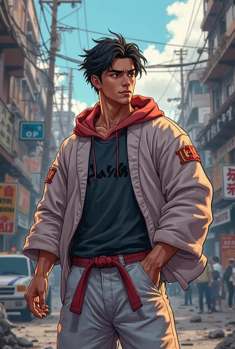 GTA animation style, man, 24 years old, black hair, Wearing a hoodie a Jiu Jitsu kimono written FLU X0, Cenario cidade caotico