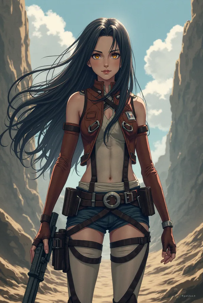 18 -year -old female 1m65 tall, long black hair, amber eyes standing with Armin Alert in the world of Attack on Titans