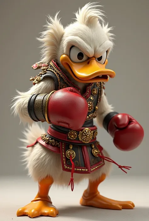 Generate Donald Duck with an angry face and Thai boxing armor, Pixar 3D rendering, Fighting character style