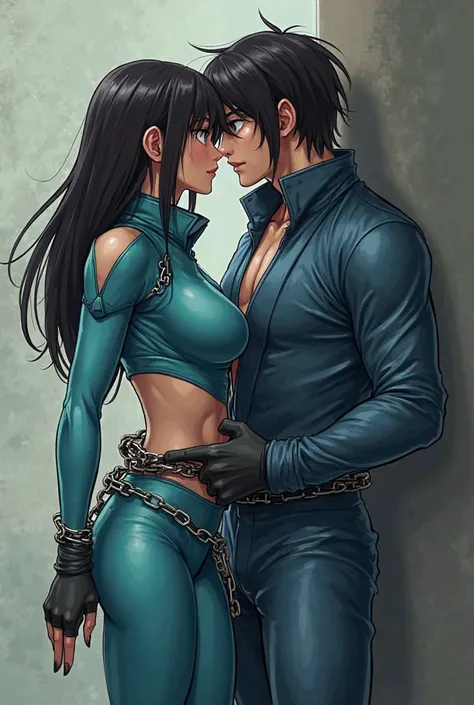  Make me a picture of the female black-haired line and the male brown-haired ninja. The female black-haired ninja, Whose arms are cuffed, Wears a turquoise,  very cropped and actually absolutely very revealing, designed and very athletic . The ninja suit h...