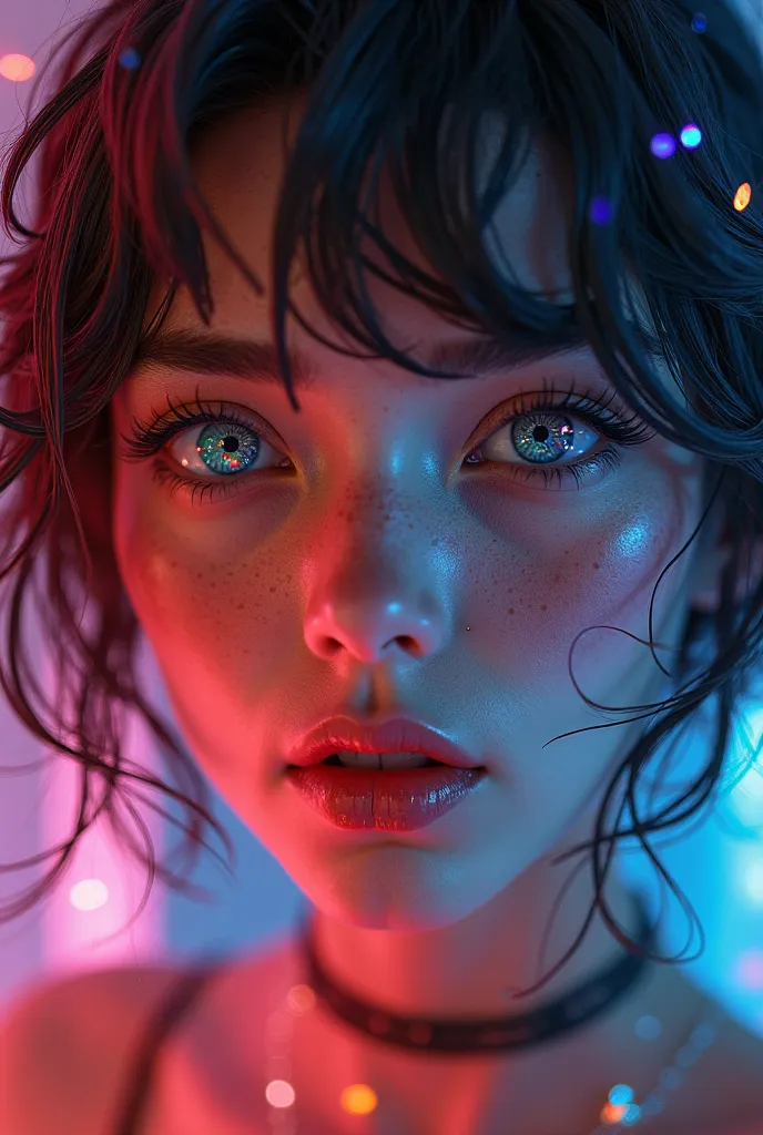 Close-up of an improved masterpiece:1.5)0.9], (Dancing in a disco:1.2) (messy black hair:1.1) (heterochromia: xanthochromia and dark green eyes:1.2) (colored stars in the eyes:1.0) (A radiant glow:1.1) (thick lips:0.9) (masculine )
