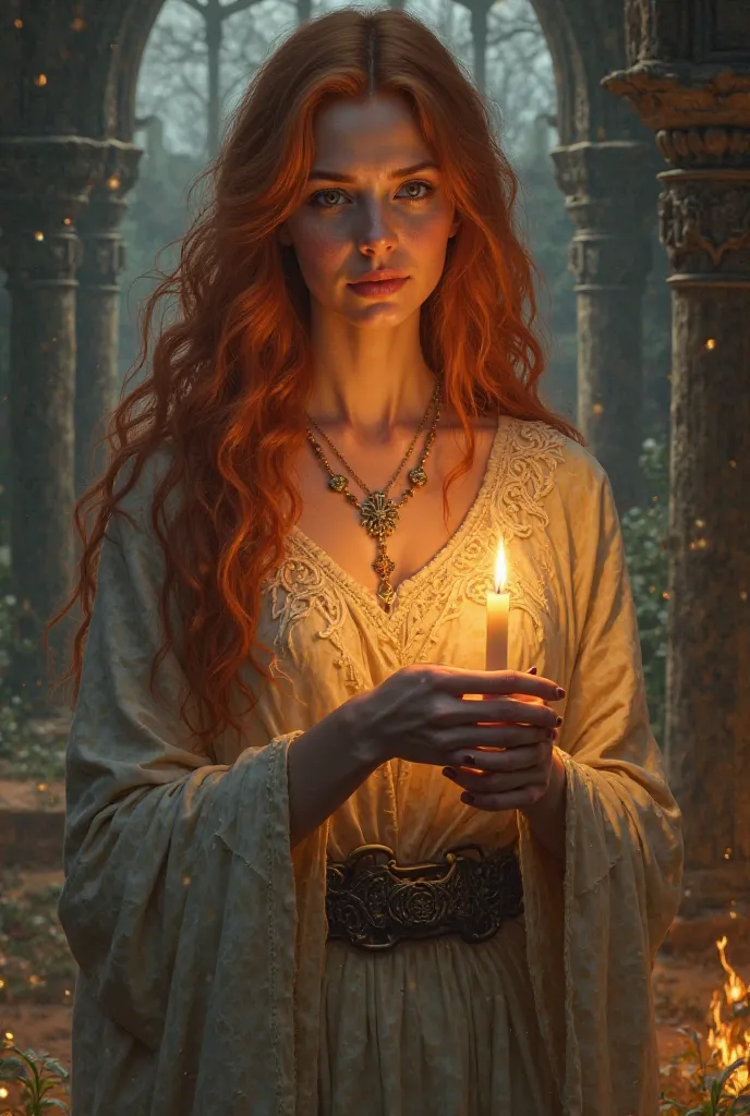 Brigid with a candle in her hand or next to a sacred fire