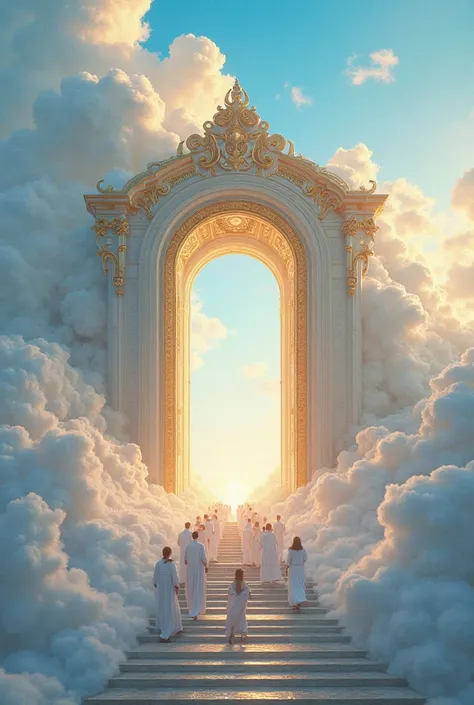 Prompt:
"A grand heavenly gate surrounded by clouds, golden and white architecture with intricate details, a long staircase leading up to the entrance, many people dressed in white robes walking towards the gate, a divine and peaceful atmosphere, bright bl...