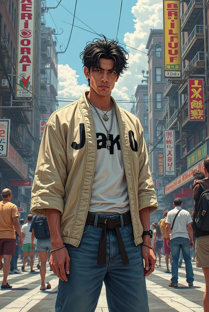 GTA animation style, man, 24 years old, black hair, Wearing a sweatshirt a judo kimono written FLU X0, Cenario cidade caotico