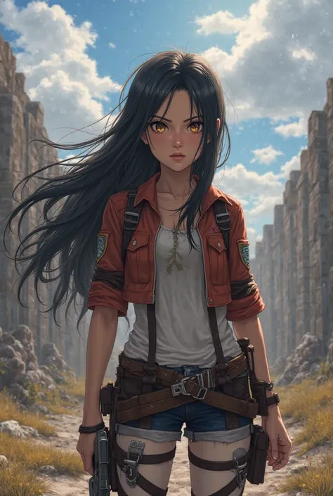 18 -year -old female 1m65 tall, long black hair, amber eyes standing with Armin Alert in the world of Attack on Titans