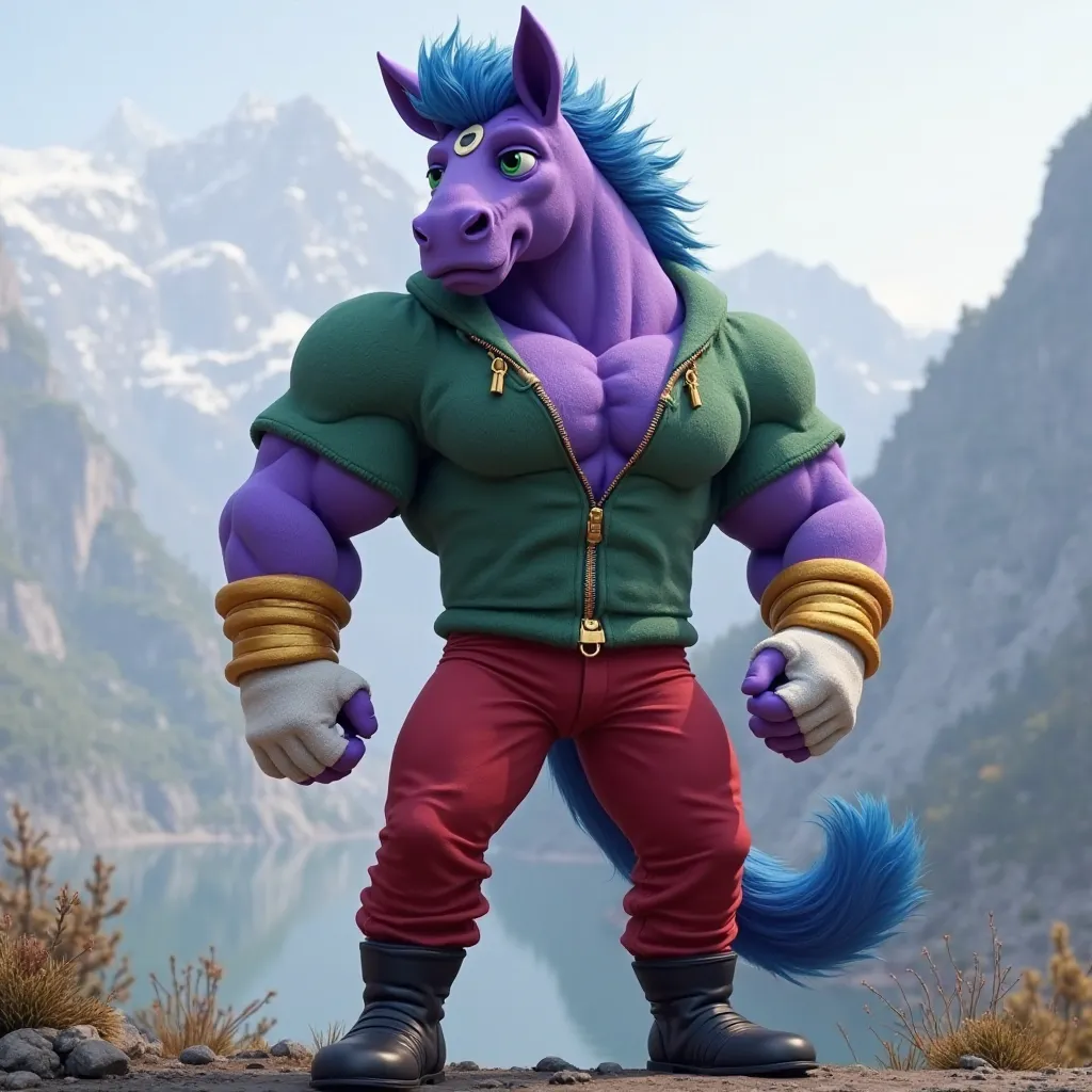 A purple muscular furry horse with a blue mane in gold bracelets, wearing black boots , wearing red pants, in a green zippered sweater with long sleeves, wearing white gloves, standing against the background of mountains