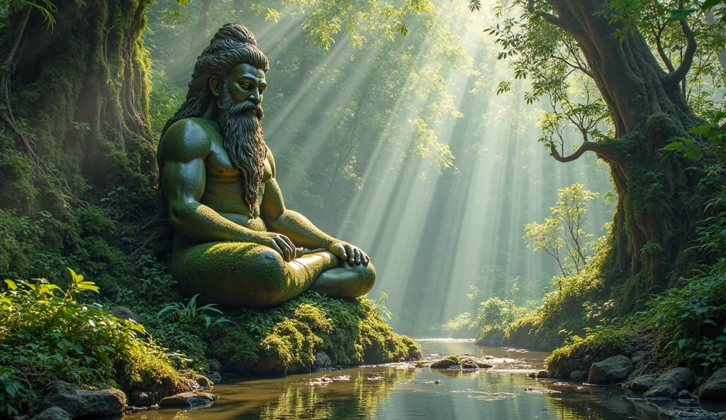 In a mystical forest, a colossal stone statue of a wise, LORD HANUMAN, covered in moss and surrounded by lush greenery. Sunlight filters through the dense LORD HANUMAN, casting ethereal rays onto the scene, reflecting in a tranquil pool nearby. Capture the...