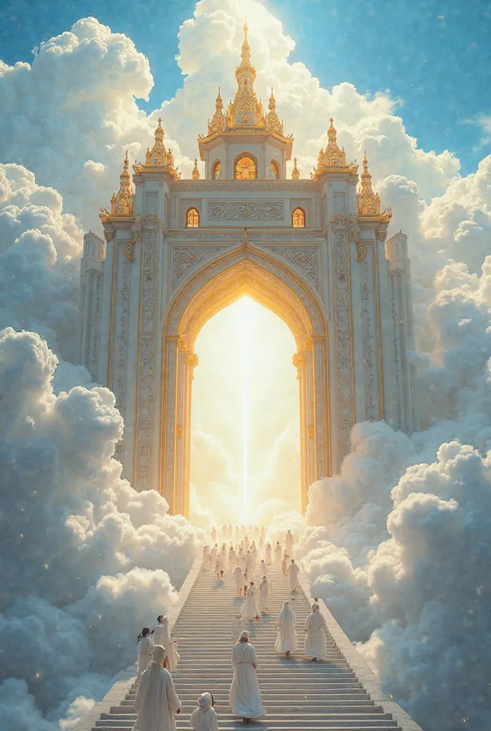 Prompt:
"A grand heavenly gate surrounded by clouds, golden and white architecture with intricate details, a long staircase leading up to the entrance, many people dressed in white robes walking towards the gate, a divine and peaceful atmosphere, bright bl...