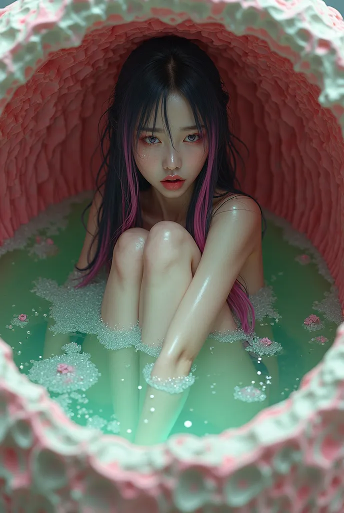 Realistic Japanese woman with long dark purple hair and wet pink highlights, eyes in purple, skin full of white mucus, open mouth, sit curled up, knees raised (Kneeling, bending knees) In a round, ball-like capsule with no way out, wrinkled, wet, organic t...