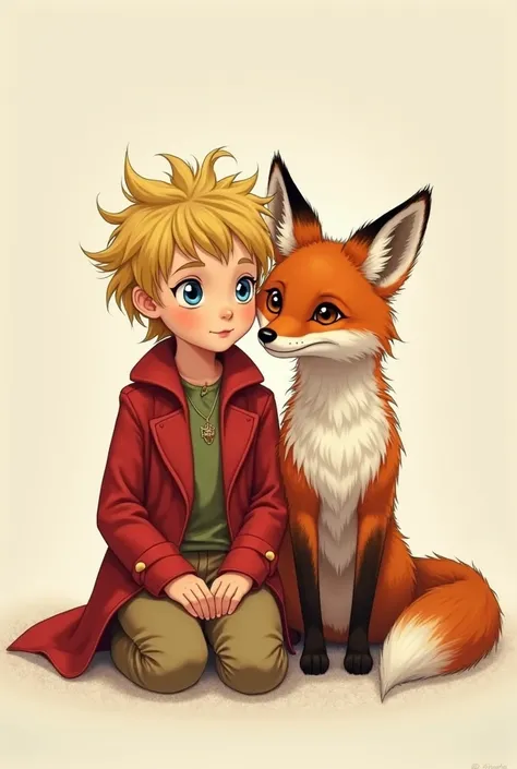 A detailled image of The little prince with the fox.  They are sitting. lots of details of the little prince's hair and clothes and the renar's fur.  with no background (:1.8),thick line The characters are facing the viewer, looking directly at us, with th...