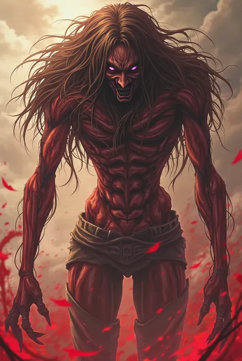 In the anime art style of Attack on Titan. This Titan is called the Blood Titan, they have poisonous blood and corrosive steam. In terms of appearance, she’s an 14 meter Titan, emaciated, long neck, pale skin, long, disheveled thick head of hair. 