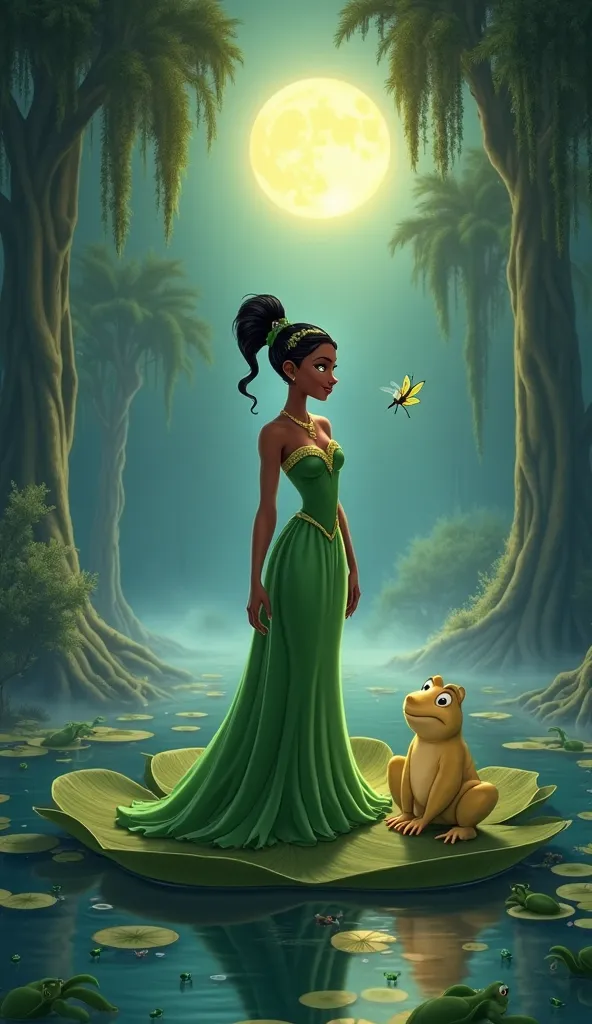 Tiana, wearing her iconic green lily flower-inspired dress, stands on a large lily pad floating in the water. Beside her, Naveen, still in frog form, looks at her with a mischievous smile. Ray the firefly flies nearby, illuminating the scene with its golde...