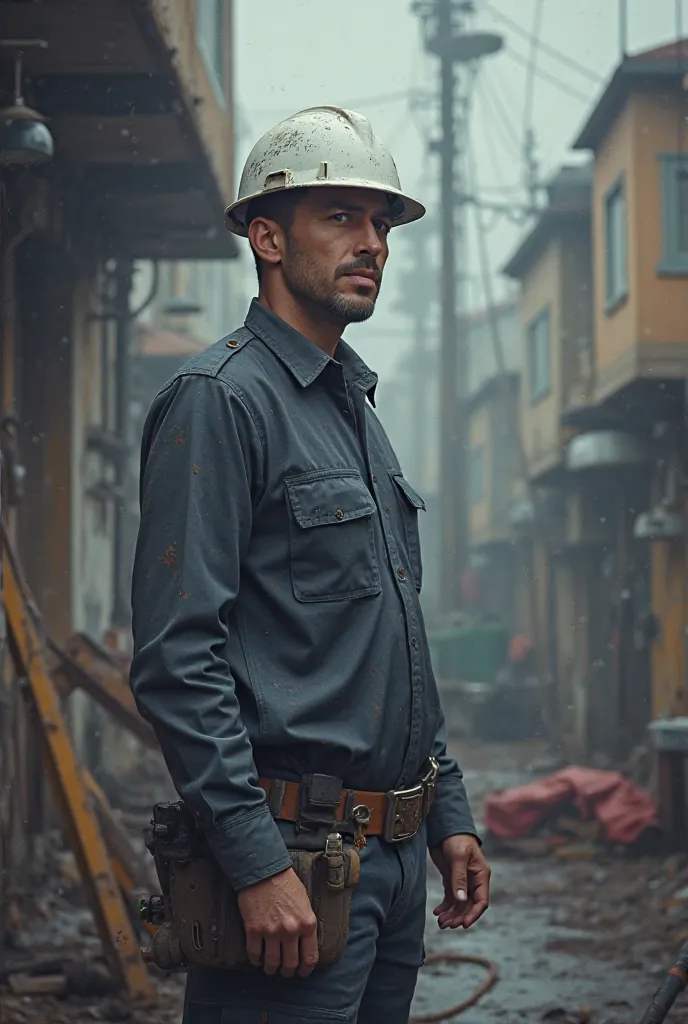 A CCTV installer who is standing straight and installing CCTV, a very realistic, white halment on head