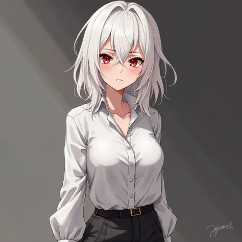 An adult albino girl,  his average physique ,  Eye color blood red, hair color snow-white, the color of the eyebrows and eyelashes is brown, anime,  age 25 years , height 175 centimeters tall, breast size first small, with a serious face, dressed in black ...