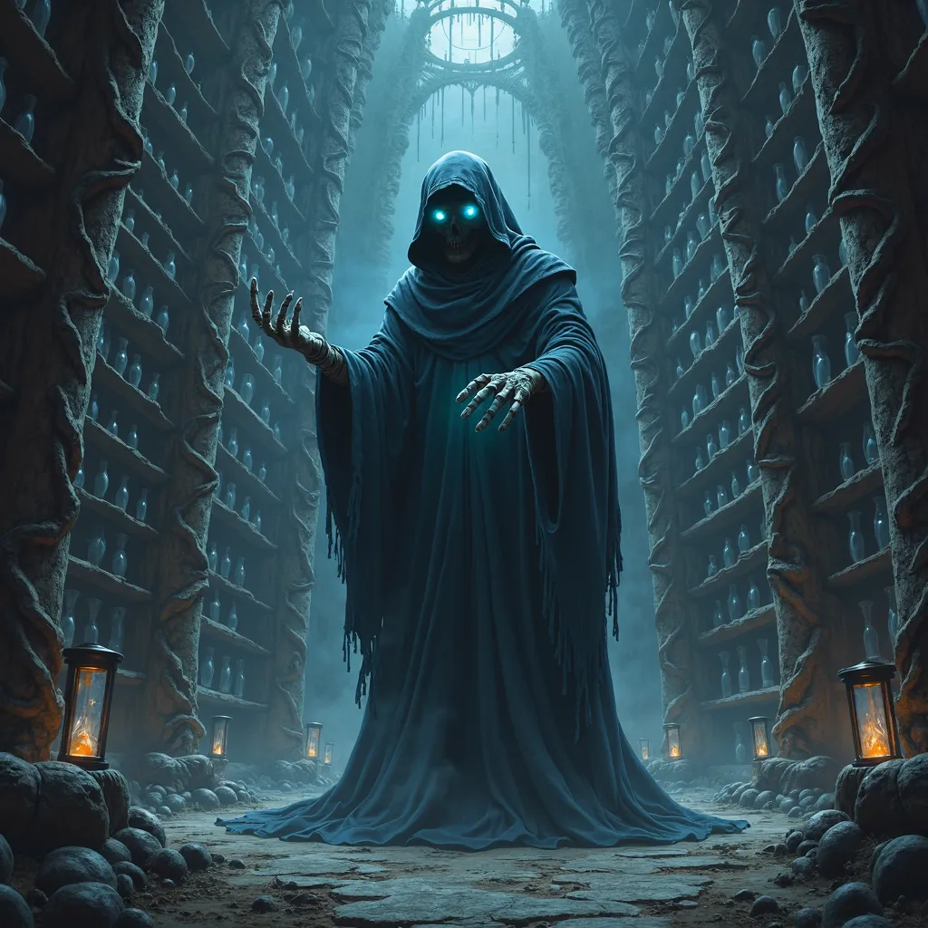 The infinitely large magical library of Gevatter Tod. It looks like a maze. The reagel full of hourglasses. the rules are made of dark black old wood. The environment is dark, gloomy and ominous. of Godfather Death with one hand, you only see his glowing b...