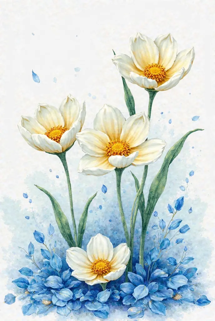 Make a watercolor image of flowers with velvety petals, thin stems and the yellow flowers inside and blue outside fallen 