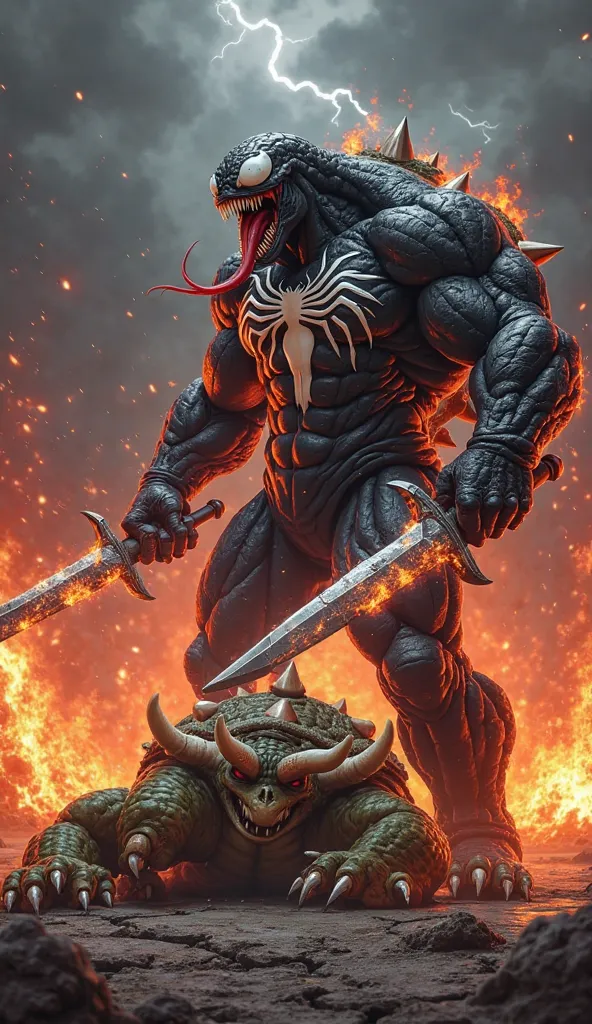 Venom, creature stocky black symbiote with protruding muscles and flaming white veins all over its body, standing valiantly in the middle of the battlefield. His eyes are large and white, shining sharply with a bloodthirsty expression.  his mouth is wide o...