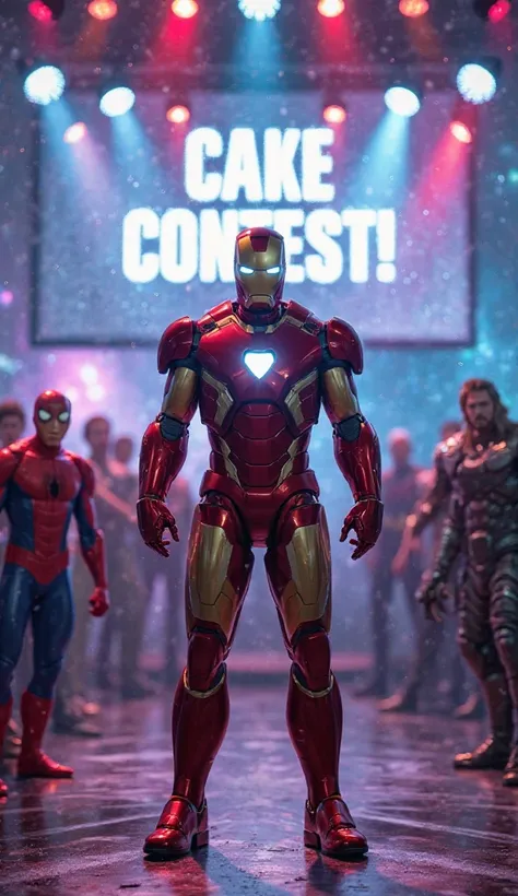 A futuristic superhero competition scene featuring Iron Man standing confidently on a stage, announcing a cake-making contest. Behind him, there’s a bright LED screen displaying "Cake Contest!" with excited superheroes like Spiderman, Thor, and Venom cheer...