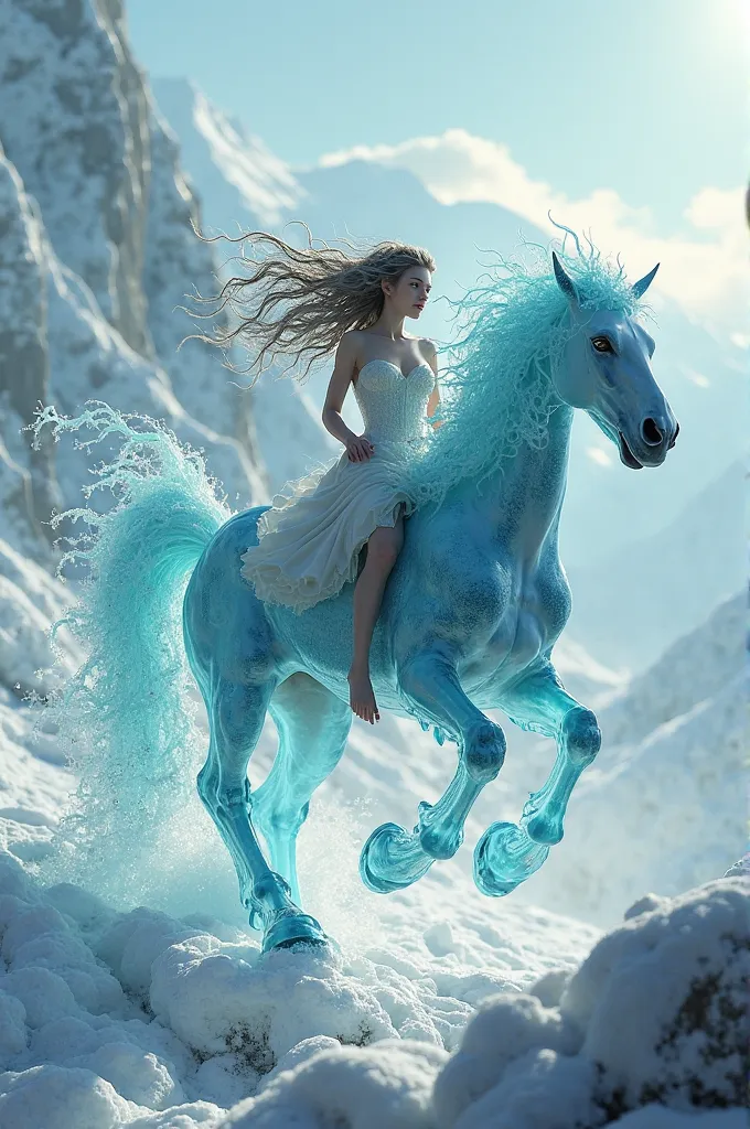 Medusa is riding on Pegasus, which is made of turquoise ice