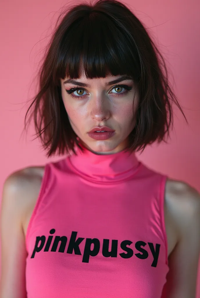 (front image)  white goth e'girl with very short brown hair and bangs wearing a short, tight pink dress with text written on it that says "PinkPussy”