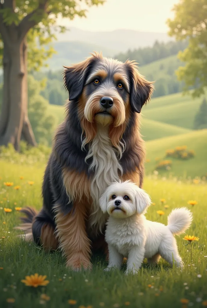 Old English shepherd dog with a  Maltese dog