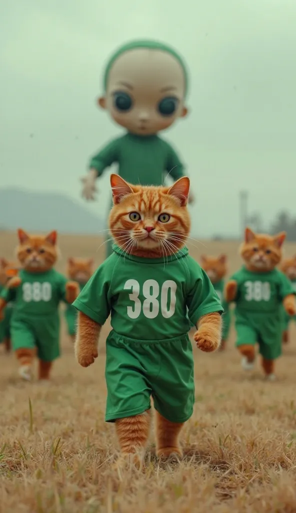 "An intense Squid Game-inspired scene featuring an orange cat as the main character, dressed in the iconic green player uniform with the number 380 on its chest. The cat stands cautiously on a large open field, participating in the 'Red Light, Green Light'...