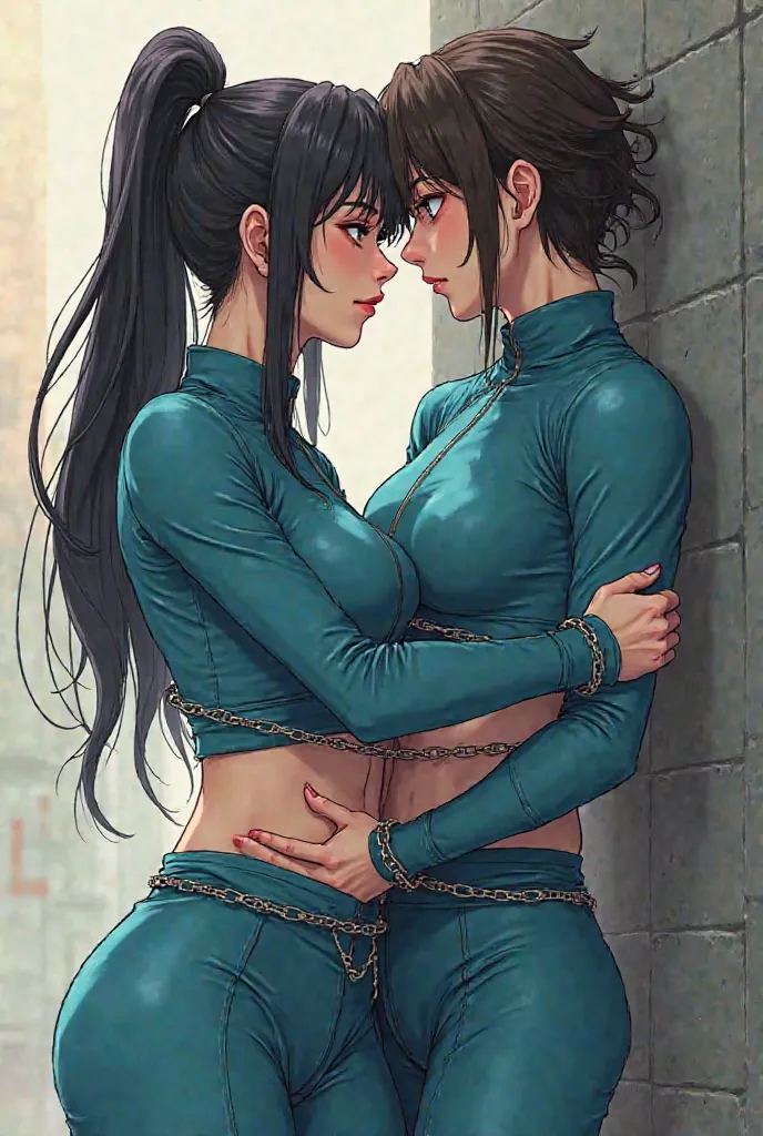  Make me a picture of the female black-haired line and the male brown-haired ninja. The female black-haired ninja, Whose arms are cuffed, Wears a turquoise,  very cropped and actually absolutely very revealing, designed and very athletic . The ninja suit h...