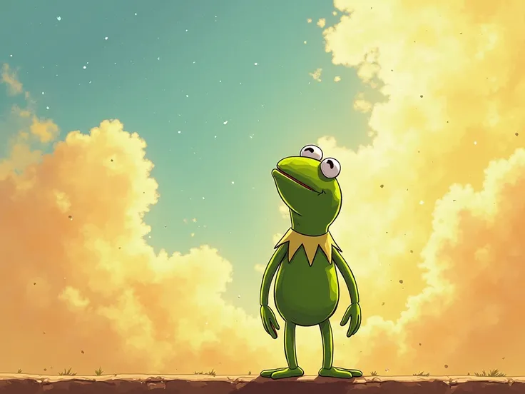 Kermit the frog , 4K,  cartoon, Looking up at the sky with the hot sun, heat