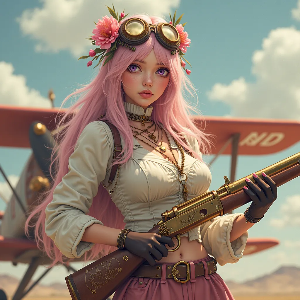 The NMD logo is written on the fuselage of a,overall steampunk style, a cute western-style girl in her 20s, her eyes are pale purple, her hair is long and fluffy, pale pink hair, And、ranunculus flowers,clothes are steampunk style,accessories are decorated ...