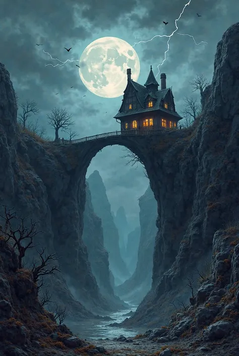 In a desolate landscape under a stormy sky, a medieval fantasy tavern spans a chasm filled with jagged rocks. The full moon casts a pale, eerie light over the scene, creating stark contrasts between the deep shadows and the occasional eerie light from a di...