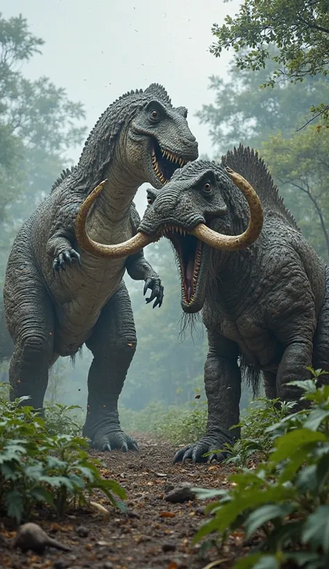 A huge Spinosaurus is defeating a powerful Mammoth in an ancient forest. The Spinosaurus, standing upright, attacks the Mammoth quickly and skillfully. The Mammoth tries to resist with its huge horns, but the Spinosaurus defeats it with a powerful attack w...