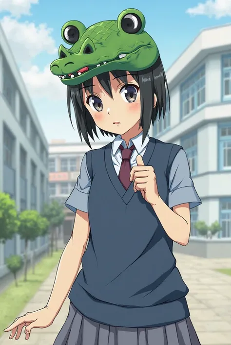 1 girl,  black hair, shortcut from elbow to hand,  quick, Straight Hair, Small breasts,Green mask,Crocodile hat,High school uniform, standing picture, anime, 