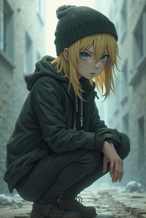 Blonde, anime style, squatting down, messy hair, black beanie, middle-long hair, no bang, blue eye, tall, siren eyes, pov side