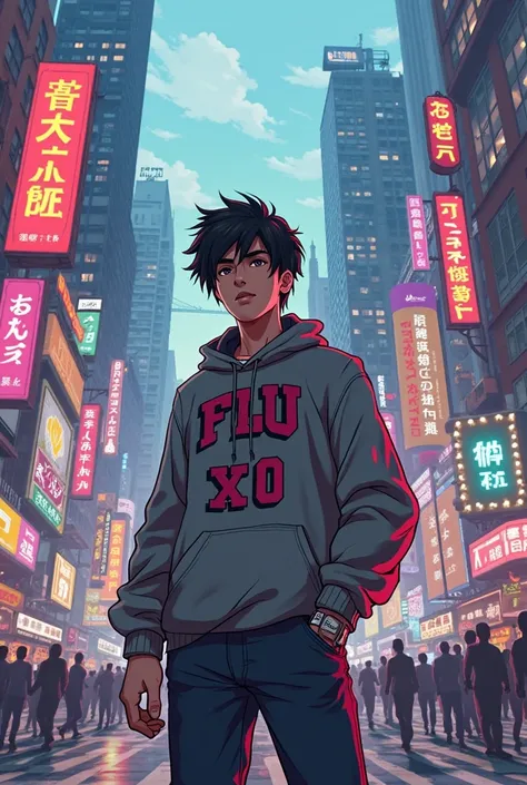 GTA animation style, man, 24 years old, black hair, wearing sweatshirt written FLU X0, Cenario cidade caotico