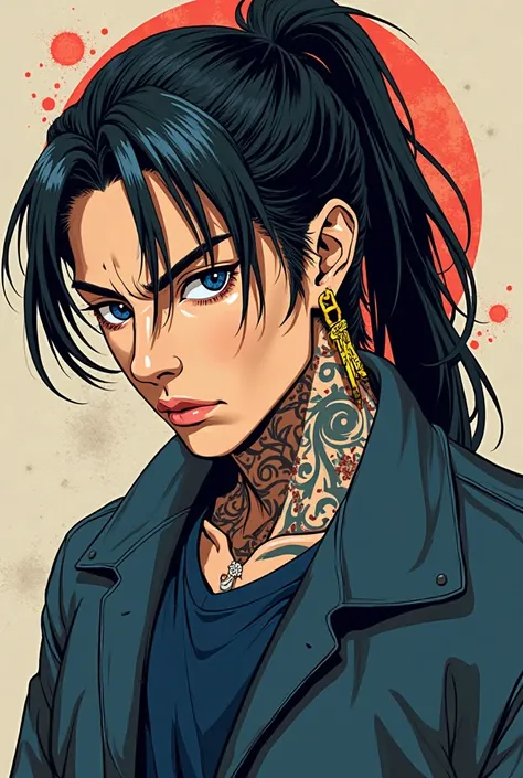 japanese young man with black ponytail on the back of his head dark blue shirt, gold earrings in his ears, disdainful look, cool, tattoos, jacket, comic style