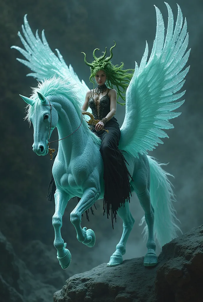 A sea of darkness. Medusa with a green snake head is riding on a pegasus made of turquoise ice. Medusa is wearing a sexy black costume and is holding a gold sword.