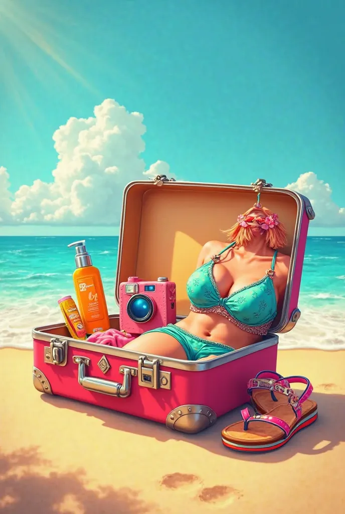 Suitcase with sunscreen,  bikini, camera and sandal 