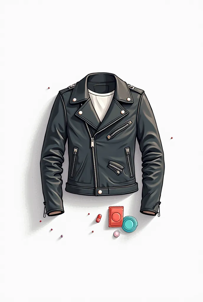 Make a minimalist and simple icon with a leather jacket, pills and condoms. It must be in a drawing style and with a white background.