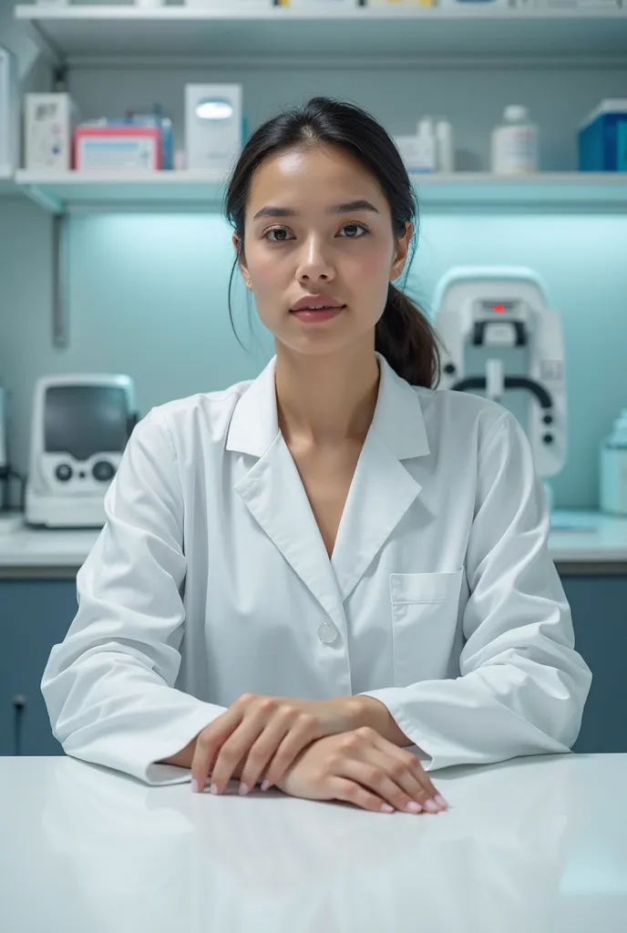 Create for me a female doctor sitting on the chair behind her clinical table in a lab coat  